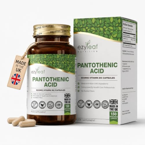 EZ Pantothenic Acid Vitamin B5, 150 Capsules, 500mg High Strength | Vitamin B5 Supplement | 500mg Pantothenic Acid Per Serving | High Strength Formula | Non-GMO, Gluten & Filler Free | UK Made