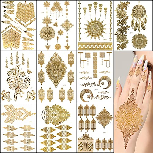 XMASIR 10 Blatt Festival Gold Temporäre Tattoos Aufkleben Damen Glitzer Goldene Flash Tattoos Metallic Festival Accessoires Party Zubehör Frauen Mädchen Haut klebetattoos Erwachsene (Gold)