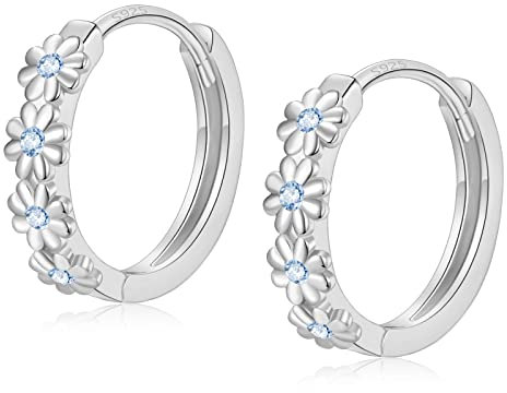 Sterling Silver Hoop Earrings for Women, Dainty Small Huggie Hoop Earrings | Hypoallergenic Daisy Blue Cubic Zirconia Flower Hoops Earring Jewellery Gifts for Ladies Girls Birthday Wedding, 12mm Hoop