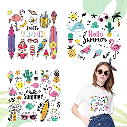 3 Pcs Summer Iron On Patches for Clothing Beach Iron on Transfers Cute Flamingo Fruit Cactus Palm Surfboard Letter Iron On Decals for Clothes T-Shirts Jeans Bags DIY Heat Transfer Patch Cartoon Decor