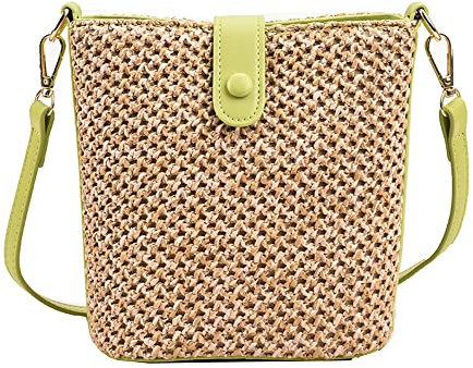 Women Straw Crossbody Bag Beach Handmade Rattan Shoulder Bags Hand Woven Leather Straps Straw Clutch Purse Vacation, Green, One Size