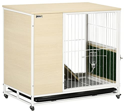 PawHut Cage à Lapin clapier sur roulettes Toit ouvrant Plates-Formes avec Plateau Amovible - 78 x 52,5 x 76,5 cm Naturel