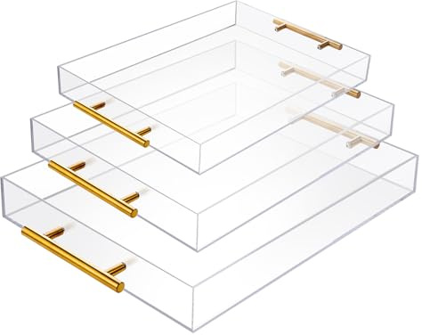 Vevitts 3 Pack Clear Acrylic Serving Tray with Gold Handles Serving Tray Spill Proof Acrylic Bathroom Decorative Tray Organizer for Coffee Table Countertop Appetizer Breakfast Vanity