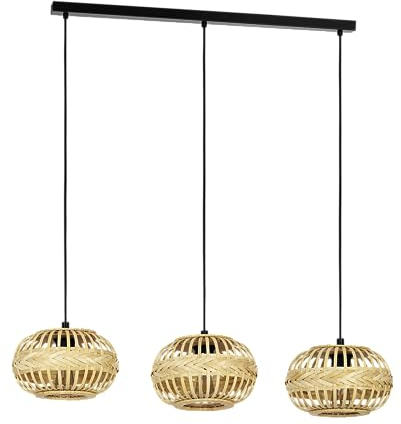 EGLO Pendellampe Amsfield 1, 3-flammige Pendelleuchte über Esstisch, Hängeleuchte aus Metall in Schwarz und Bambus in Braun, Holz Hängelampe mit E27 Fassung, L 96 cm