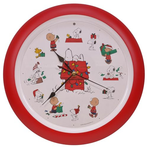 Mark Feldstein & Associates Peanuts Characters Snoopy and Doghouse Christmas Carol Holiday Sound Clock, 13 Inch, Red