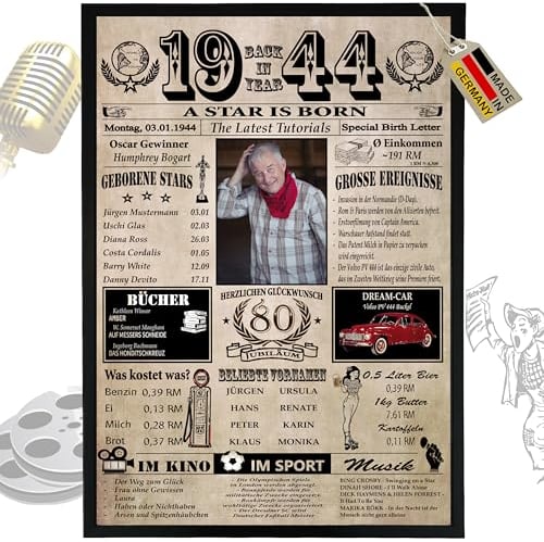 DUOMIO 1945-6 Felder PERSONALISIERBAR! Chronik zum 80 Geburtstag Geschenke Frauen & Geschenke zum 80 Geburtstag Mann - Ausdruck auf 400g/m² Premium Papier - 80 Geburtstag Deko 1945 Jahrgang Geschenk