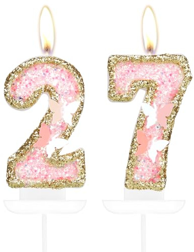 Pink Gold Butterfly 27th Birthday Candles, Pink Gold Candles Cake Toppers for Cake, Girls 27th Birthday Decorations,Butterfly Number 27 Candle Cake Topper for Girls Birthday Party,Wedding Suppiles