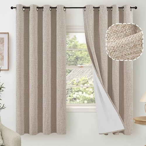 Lajode Beige Verdunkelungsvorhänge für Schlafzimmer, 100 % lang, 160 cm lang, 2 Paneele, wärmeisoliert, komplett lichtblockierend, geräuschreduzierend, Leinen-Fenstervorhänge für Kinderzimmer,