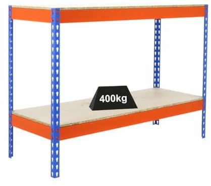 PROREGAL Schwerlastregal Mini Wood YETI Two | HxBxT 90x150x75cm | Fachlast 400kg | Blau-Orange | Regal Standregal Werkstattregal Lagerregal Kellerregal