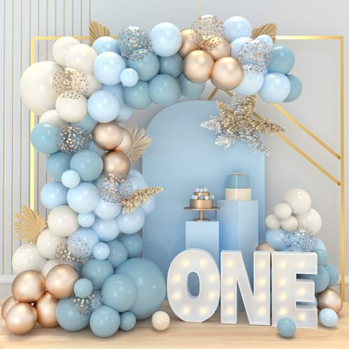 Luftballon Girlande Blau, 94 Stück Set Luftballons Geburtstag Blaue mit Metallic Gold, Sandweiße Ballons, Ballon Girlande Blau für Geburtstagsdeko Junge, Hochzeitsdeko, Party Deko, Baby Shower, Taufe