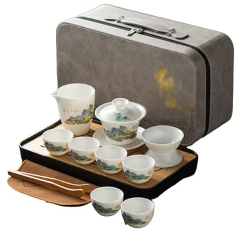 esmen Tee Set Keramik-Kungfu-Teeservice, asiatisches Teeservice mit grauem Lederetui, tragbares All-in-One-Teeservice für Reisen, Zuhause, als Geschenk, im Freien und im Büro