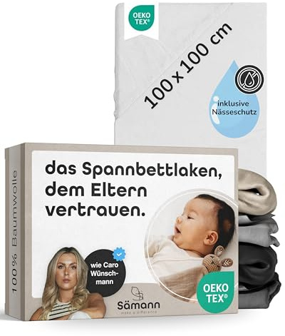 Sämann Spannbettlaken Spannbetttuch 100% Baumwolle - Bettlaken für Laufgitter - weiß mit Nässeschutz (100x100 cm)