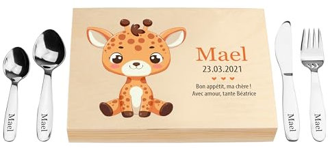 LAUBLUST Couverts pour Enfants gravés - Coutellerie dans boîte en Bois imprimé, Naturelle - Couverts avec prénom | Cadeau de baptême pour Enfants | Couverts de Table en INOX (Girafe)
