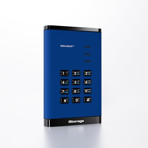iStorage diskAshur3 HDD 5TB Blue - Secure portable hard drive - Password protected - Dust & water resistant - Hardware Encryption