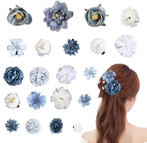 Blumen Haarspange,21 Stück Mehrfarbige Blumen Haarklammer,künstliche Blüte Haarclip,Blume Haarschmuck für Party, Strand, Hochzeit, Veranstaltungsdekoration(Blau-Weiße Serie)