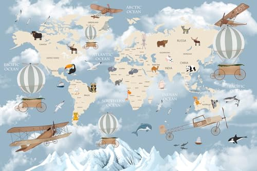 Lumalea - Papier peint panoramique Enfants Carte du Monde - Largeur 325 cm x Hauteur 216 cm