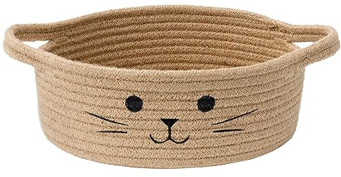 Small Woven Rope Storage Basket, Cute Cat Toy Basket for Living Room, Shelves, Baby Baskets for Nursery, Gift Baskets Empty for Baby Shower, Jute, 25 x 10 cm