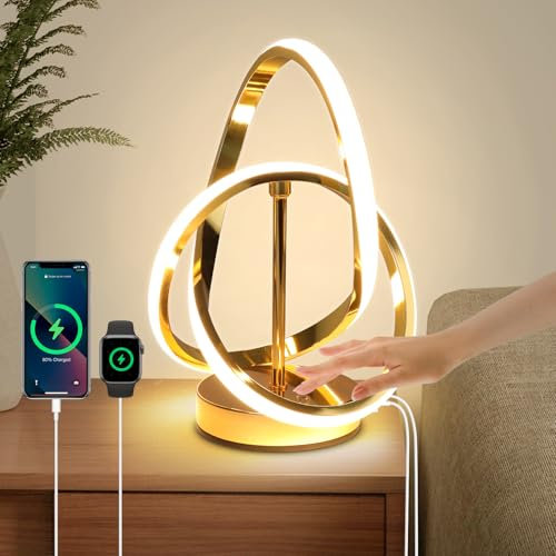 EIDISUNY Modern LED Table Lamp,3 Color Temperatures,Touch Control Stepless Dimmable Bedside Table Lamp with USB Ports, Touch Control LED Nightstand Lamp, Desk Lamp for Living Room,Bedroom(Gold)