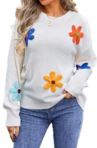 HEYPORK Damen Herbst Winter Warm Bequem Pullover Casual Mode Strickpullover Frauen Blume Lose Rundhals Pullover(Weiß, S)