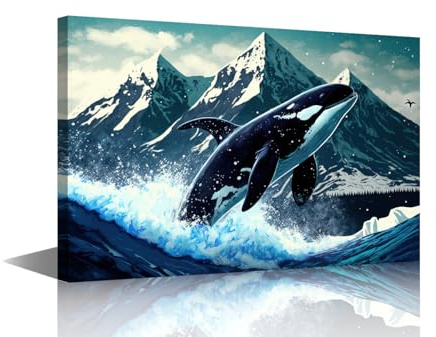 Wandkunst für Wohnzimmer, verschneite Berge, Schlafzimmer, Wanddekoration, Orca-Killer, Wandgemälde für Büro, Meereslandschaft, modernes Kunstwerk, gespannt und gerahmt, fertig zum Aufhängen, 61 x