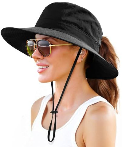 FURTALK Sonnenhut für Damen UPF 50+ Faltbare breite Krempe UV-Schutz Verstellbarer Kinnriemen Pferdeschwanz Loch Sommer Eimer Hut