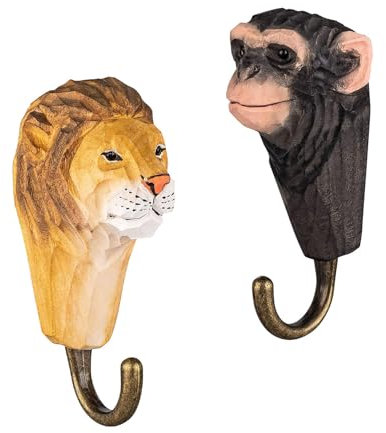 your castle 2 Wandhaken Garderobehaken Kleiderhaken aus Holz: Löwe und Affe, mit Metallhaken handgearbeitet 12cm