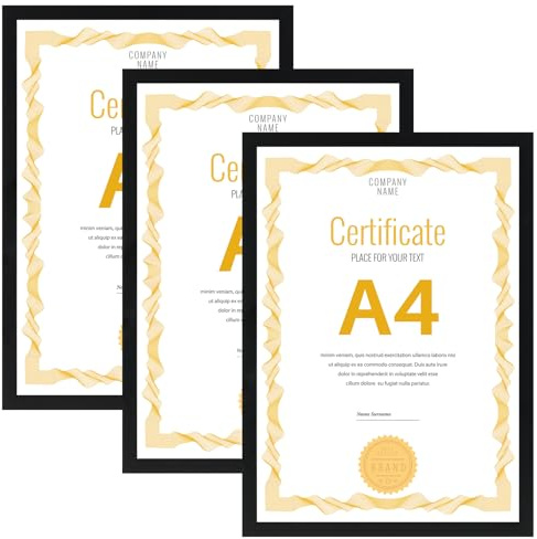 Vasemouh Bilderrahmen A4 (21x29,7cm) 3er-Set, ideal für Zertifikate und Dokumente, Schwarze Bilderrahmen für Wand- und Tischaufstellung