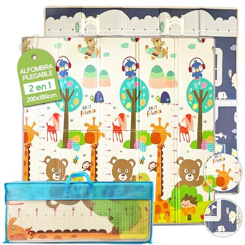 Alfombra Bebé Acolchada 200x180 cm - Grosor 1,5 cm - Bordes Reforzados - Plegable, Reversible, Impermeable y Antideslizante - Tapete de Juegos para Bebés y Niños - Blackhawk Shop