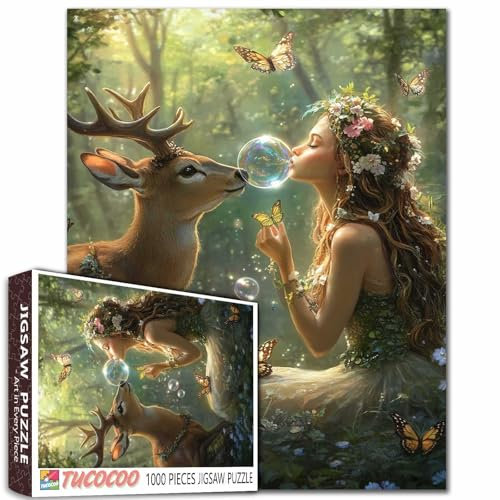 Elfen- und Hirsch-Puzzle, 1000 Teile, Feen-Engel-Kunst-Puzzles für anspruchsvolle Familienspiele, Wald, DIY, Handarbeit, Puzzle für Zuhause, Wanddekoration, Geschenke, Spielabende, 50,8 x 68,9 cm
