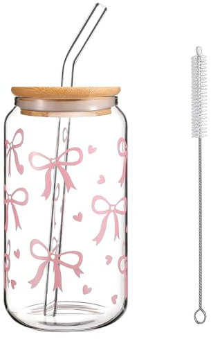 Pink Bow Glass Cup Set, Bow Cups with Lid and Straw,Tube Brush, 16oz Iced Coffee Cup, Aesthetic Gifts for Women Girls Friends, Glass Drinking Cup for Bubble Tea Coffee Cocktail