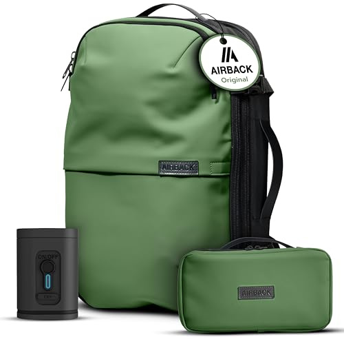 Airback Zaino Sottovuoto Viaggio con Pompa - 22-48L, con Borsa da Toilette, Zaino Bagaglio a Mano con Sottovuoto per Cabina, Zaino Viaggio Leggero, Espandibile, Comodo e Resistente All'acqua, Verde