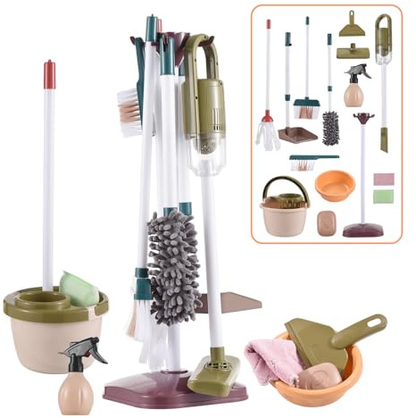 Kinderreinigung Spielzeugset Kleinkind -Housekeeping -Spielset mit Staubsaugerreiniger Besen Mop Dustpan Mop Eimer Pinsel für Mädchen im Alter von 3+ ABS -Material