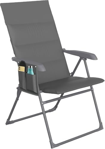 UR CHOICE Premium 5 Position Grey Reclining Garden Chair, Foam Padded Folding Sun Lounger with Side Pocket, Portable Outdoor Patio Camping Recliner Chair, Heavy Duty Holds Up to 120kg, Set 1