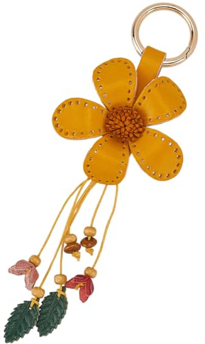GORGECRAFT Porte Clés en Cuir Véritable avec Fleur Orange Pompon Floral Feuille Style Bohème Alliage Pendentifs Accessoires pour Clés de Voiture Portefeuilles Sacs Bagues Décoration DIY