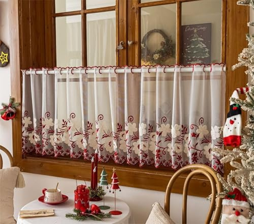 Vordesack Voile liebevoll Scheibengardine mit zarten Blumenstickerei Küchengardine mit Lochleiste transparente Gardine 1 Stück Rot HxB 60x180cm