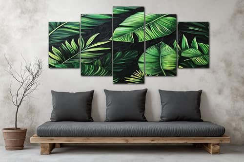 ZORYAN 5 Teilig Wanddeko für Wohnzimmer Tropische Palmenblätter | Leinwandbilder Modern Grün Großes Gemälde für Schlafzimmer Bild Set für die Wand 200x100 cm