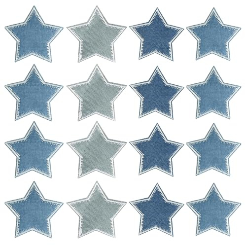 16 Pieces Iron on Patches, Star Sew on Patches for Clothing, Blue Embroidered Repair Patch, Fabric Denim Applique Embellishments for Clothing Repair Backpack Shoes Hats Decorations DIY