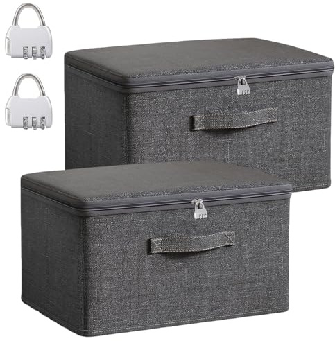 Xtrillogen 2 Stück Abschließbare Box,Aufbewahrungsbox mit Deckel Stoff,Faltbare Kiste mit Schloss,Griff,Reißverschluss,Grau Organizer Box,Aufbewahrungsbox Klein für Bettdecken,Kleidung (M)