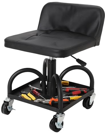 Garvee Tabouret de mécanicien à roulettes, capacité 136 kg, Hauteur 40,64-53,34 cm, Coussin Souple, Plateau à Outils, Roues verrouillables 360°, Noir Robuste, pour Garage/réparation Auto/Atelier