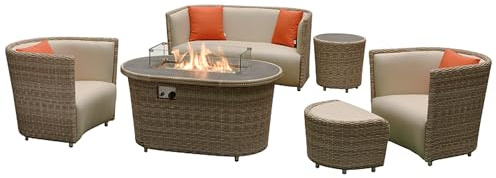 DreamGarden Gartengarnitur mit Gas-Feuerstelle – Outdoor Möbel Set aus PE-Rattan und PVC Leder, inkl. 2-Sitzer Sofa, Sessel, Beistelltisch und Wetterhaube für Terrasse und Garten