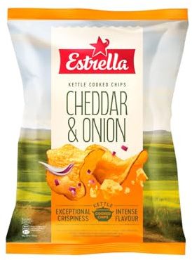 Estrella Kettle Cooked Potato Crisps Cheddar & Red Onion 120g | Crunchy Gourmet Potato Chips | Rich Cheese Flavour Snack