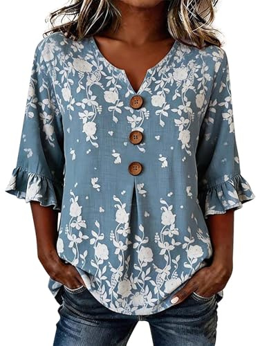 Leinenbluse Sommer Bluse Elegant Tshirt V Ausschnitt Shirt 3/4 Arm Tunika Leinen Shirt Oberteil Modern Blusen Tops Sommerblusen Leicht Und Luftig