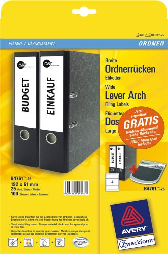 Avery Zweckform, L4761-25, Etikett für breite Ordner, kurz, 192x61mm, weiss, Inhalt: 25 Blatt, AKTIONSARTIKEL: inkl. gratis Mousepad