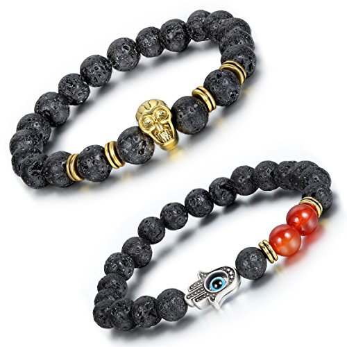 Aroncent 2PCS Herren Damen Lava Armband, Silber Fatimas Hamsa Hand Gold Schädel Totenkopf Gebet Mala Kugel Perle Energietherapie Buddha Armreif Armschmuck, Achat Metalllegierung, Schwarz Rot