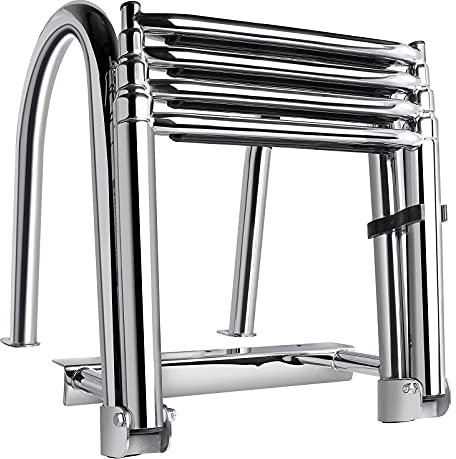 Marinebaby - Scaletta Richiudibile per Pontoon a 4 Gradini, Scale Pieghevoli in Acciaio Inox, Telescopica, per Ingresso Posteriore, Resistente, con Pedali, Extra Ampia