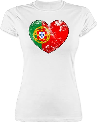 Shirt Damen - Fußball EM WM - Portugal Vintage Herz - S - Weiß - fußballtrikot Europameisterschaft portugiesische Tshirt wm-Shirts Fussball triko Shirts fußballtrikots fu Ball t-Shirts
