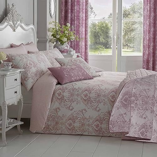HOMESCAPES Luxury Toile Duvet Cover Set Pink & White French Damask Style Bedspread Cotton Rich 200 Thread Count Duvet Cover with Matching Pillowcases Reversible Stripe Pattern, Double