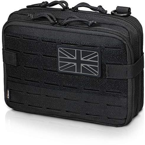 WYNEX Tactical Molle Admin Pouch of Laser Cut Design, Utility Pouches Molle Attachment Medical EMT Organizer with Map Pocket Tool Holder UK Flag Patch Included Black