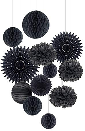 Easy Joy Deko schwarz Papier Pompom,Schwarz Geburtstagsdeko,Rip 20s Deko,krimidinner Deko Rosetten Lampion Seidenpapier Wabenbälle Feier Deko für Tischdeko,Geburtstag,Black and white party deko