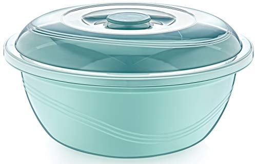 Round Plastic Mixing Bowl with Lid Bread Dough Proofing Salad Fruit Food Storage (Clear Lid, Basin Colour Will Vary Dependent on Stock) (1, 6 Litre)